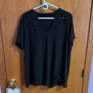 Black Distressed V-Neck Women's Top